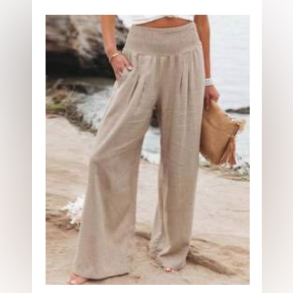 SHEIN khaki boho wide leg, high waist casual vacation pants